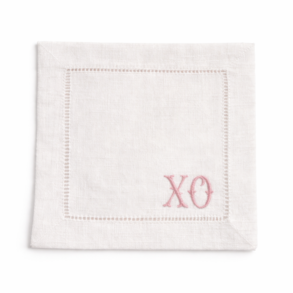 XO Embroidered Cocktail Napkin Pink