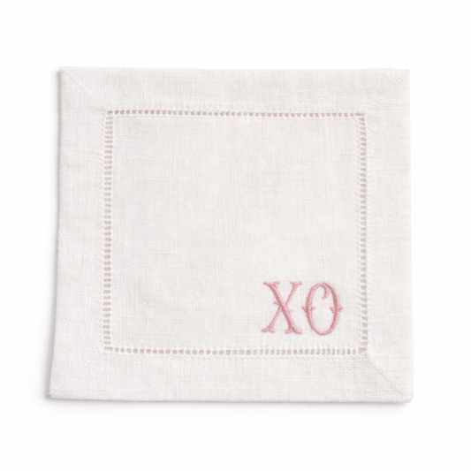 XO Embroidered Cocktail Napkin Pink