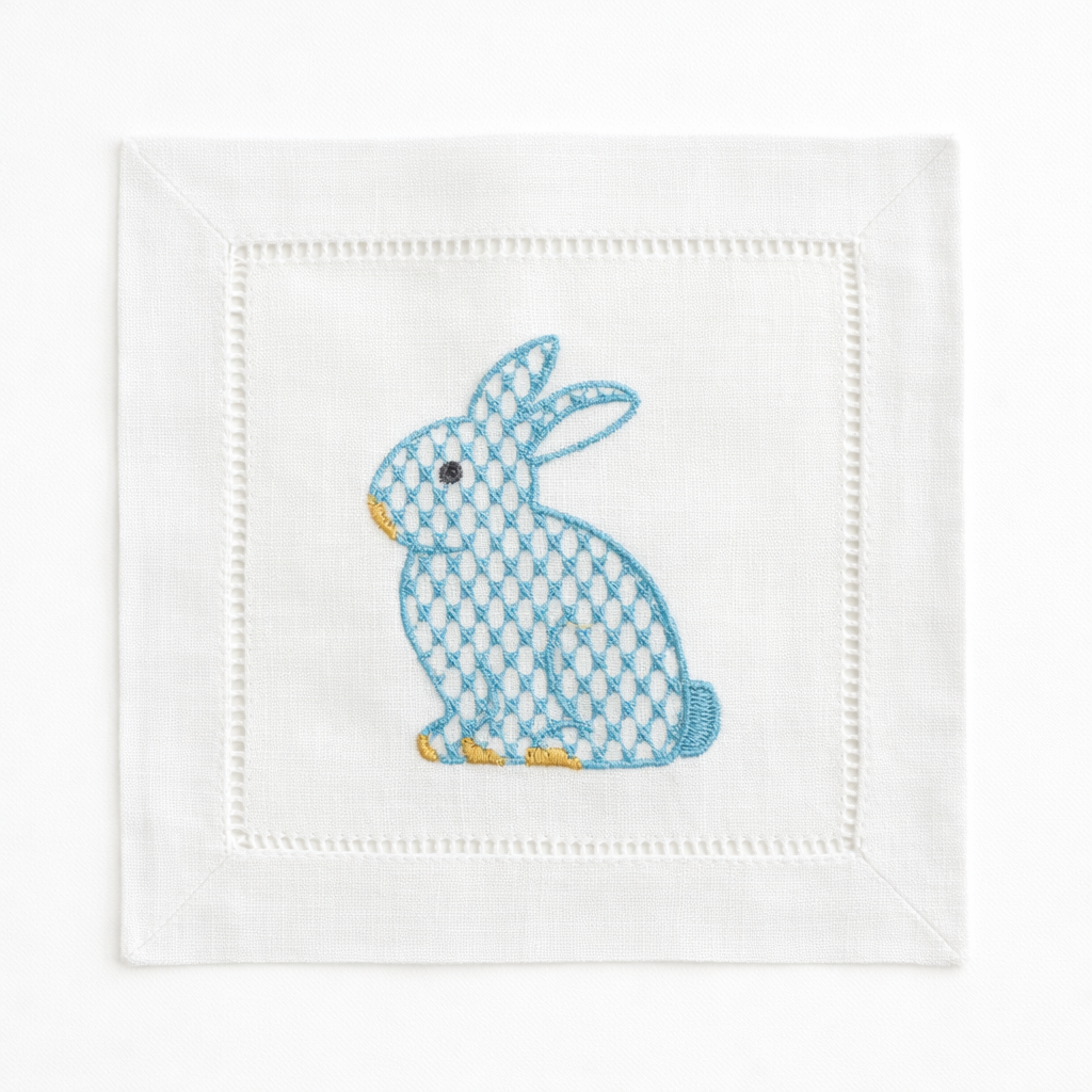 Easter bunny embroidered cocktail napkin - Blue