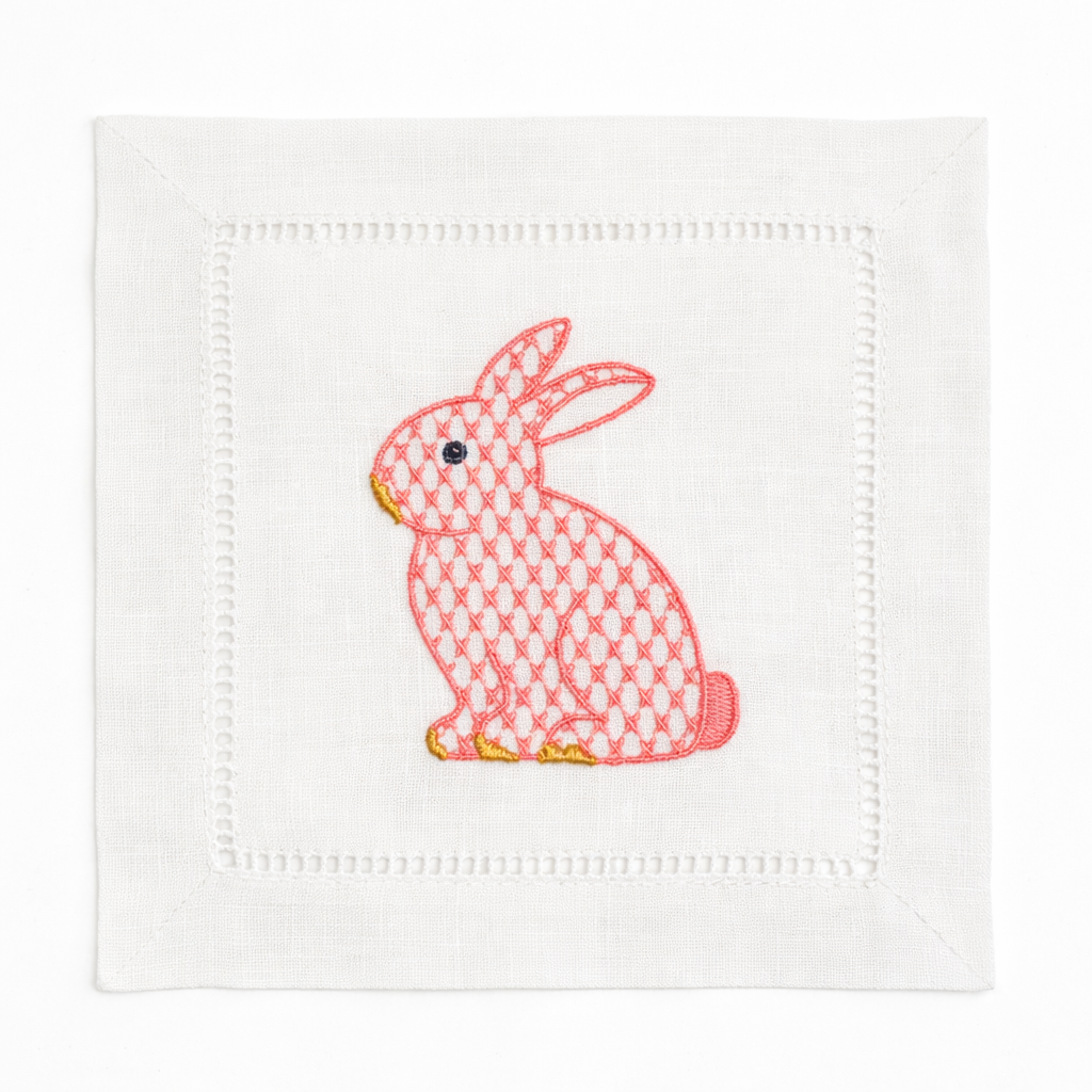 Easter bunny embroidered cocktail napkin - Pink