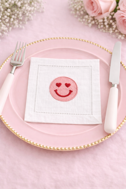 Heart Eyes Smiley Embroidered Cocktail Napkin