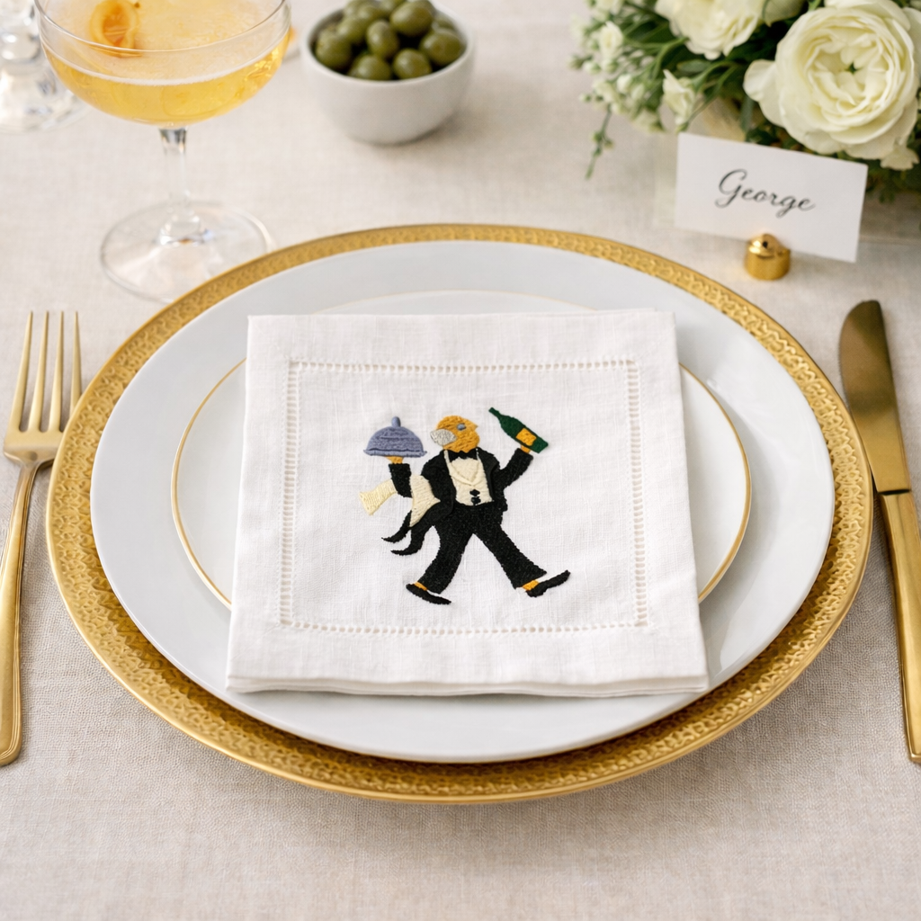 Embroidered cocktail napkin featuring a tuxedo-clad waiter holding champagne and a serving tray.